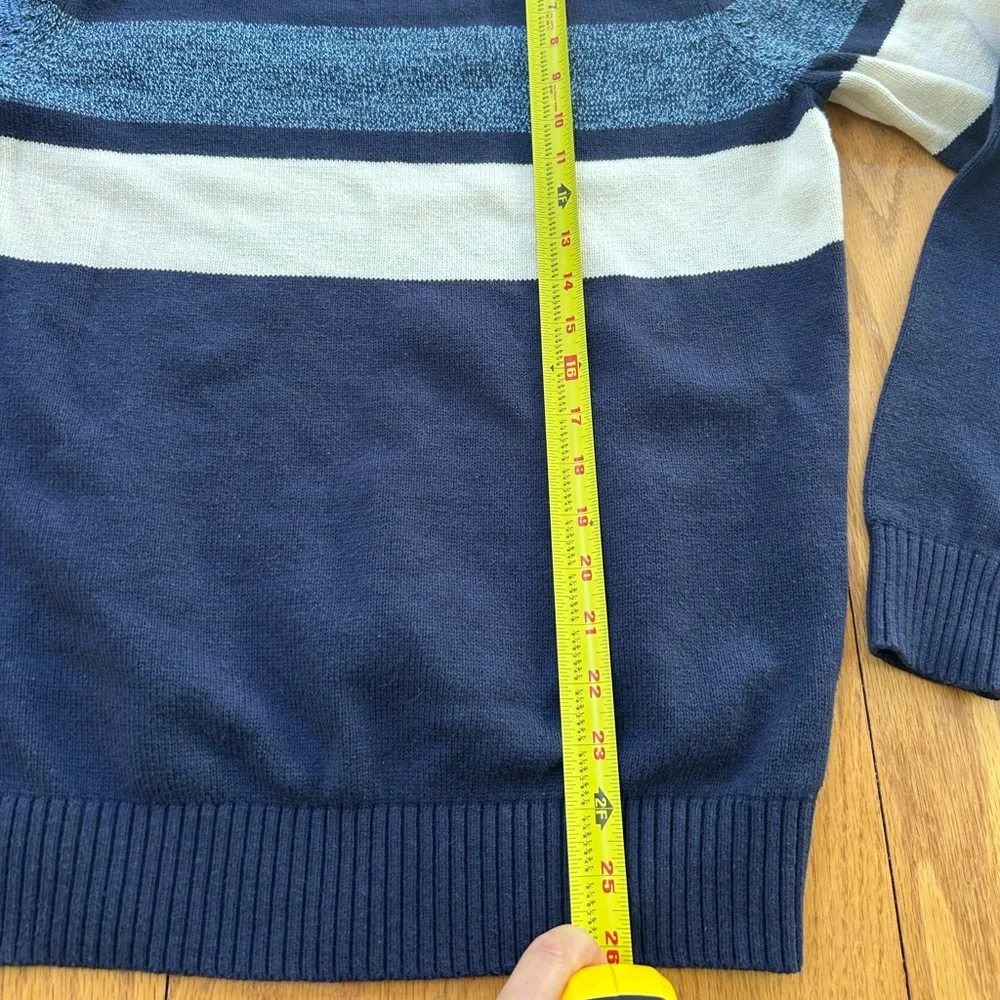 IZOD Mens‎ Sweater Small Navy Blue White Marled Striped Crew Neck Knit Pullover